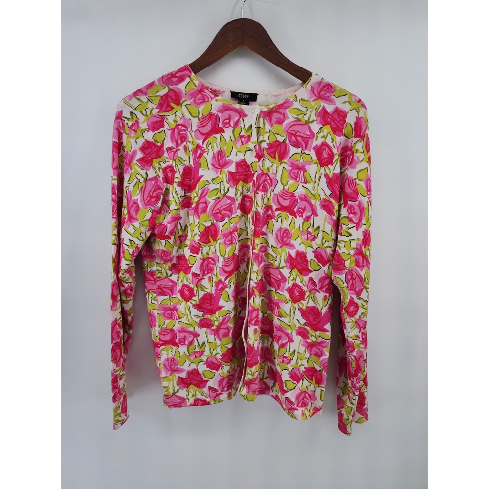 Obee Womens Pink Floral Rose Silk Blend Cardigan and Shell Twin Set Size M